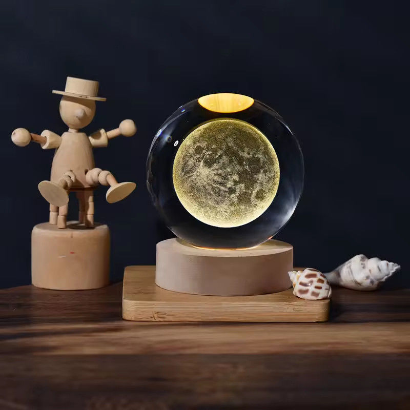 6cm 3D Art Crystal Ball Malam Cahaya Ulang Tahun Hadiah Malam Cahaya Kayu Lampu Dasar Meja Lampu Dekorasi